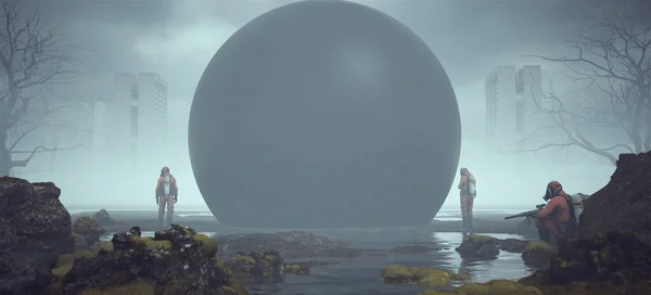 Чоловіки Hazmat Suits Foggy Rocky Riverbed Mysterious Black Geo Sphere — стокове фото
