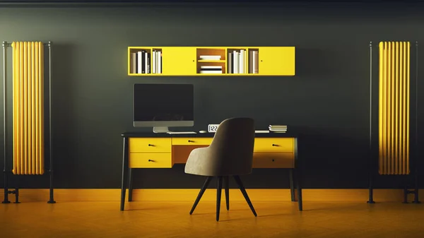 Amarelo Cinza Escuro Contemporânea Home Office Setup Ilustração Render — Fotografia de Stock