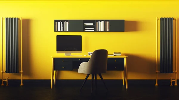 Amarelo Cinza Escuro Contemporânea Home Office Setup Ilustração Render — Fotografia de Stock