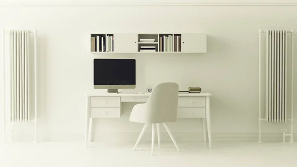 Pure White Contemporary Home Office Setup Design Interiores Ilustração Render — Fotografia de Stock