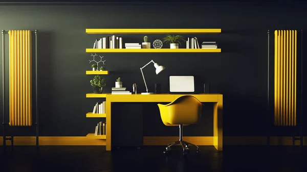 Sárga Sötét Szürke Modern Home Office Polcokkal Beállítások Illusztráció Render — Stock Fotó