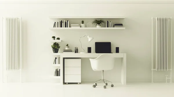 All White Modern Contemporary Home Office Shelves Setup Illustration Render — Stock fotografie