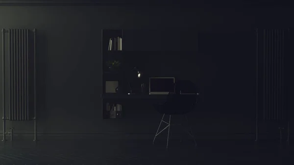 Dark Charcoal Grey Modern Contemporary Home Office with Small Floating Desk 3d illustration render