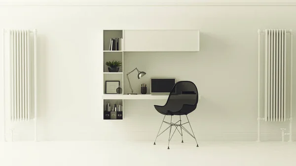 Todo Blanco Moderno Contemporáneo Home Office Con Pequeño Escritorio Flotante —  Fotos de Stock