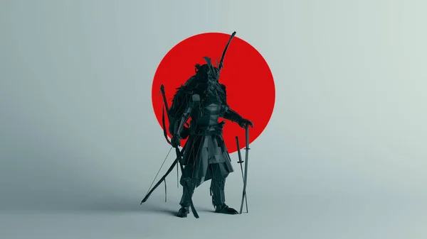 Czarny Samuraj Polygon Forma Duży Czerwony Kula Koło Ilustracja Renderować — Zdjęcie stockowe