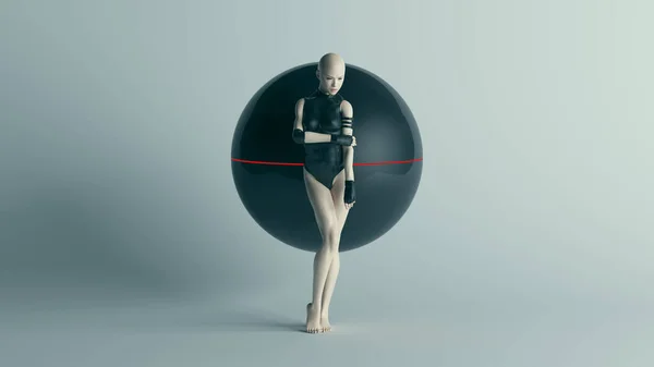 带有异形地球球Ai超级计算机机器人3D图形渲染的具有前瞻性的与黑色站在一起的女性角色 — 图库照片