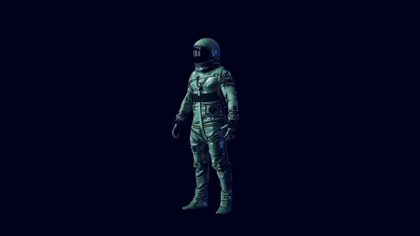 Vintage Astronaut Silver Spacesuit and Black Visor with Green and White Moody 80s lighting 3d illustration render