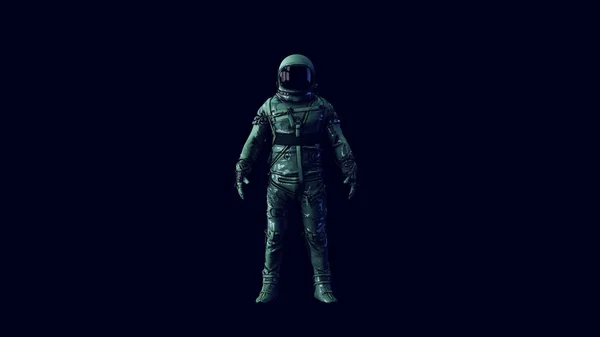 Vintage Astronaut Silver Spacesuit and Black Visor with Green and White Moody 80s lighting 3d illustration render