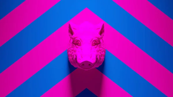 Pink Warthog Mounted Bust Pink Blue Chevron Background Illustration — стоковое фото
