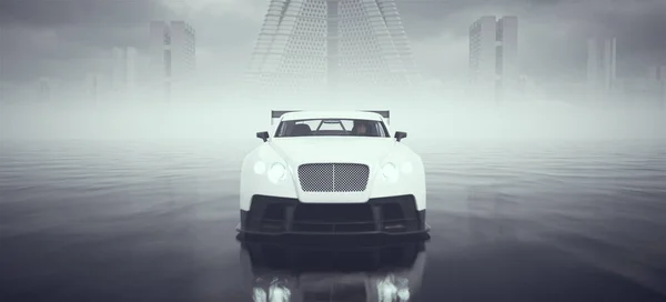 White Powerful Sci Crime Boss Car Driving Fast Wet Surface — 스톡 사진