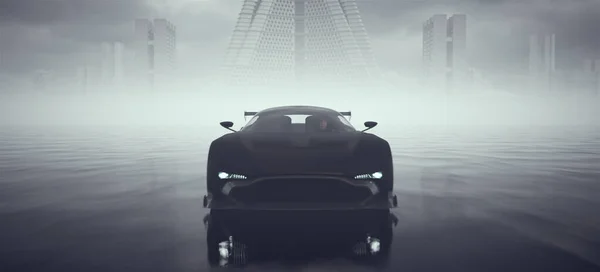 Black Powerful Crime Fighter Sci Style Supercar Fährt Schnell Über — Stockfoto