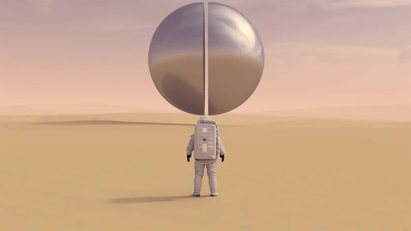 宇宙航行员太空探索者与大外星银球在硬沙漠上空半空中分离3D插图3D渲染 — 图库照片