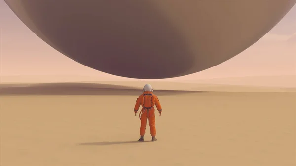 Astronaut Space Explorer and Large Alien Silver Orb Sphere Floating above a Hard Desert 3d illustration 3d render