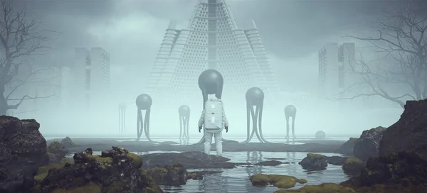 Astronaut Alien Landscape Floating Aliens Long Tentacles Foggy Abandoned Brutalist — стокове фото