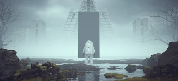 Astronaut Alien Landscape Mysterious Black Obelisk Floating Foggy Abandoned Brutalist — стокове фото