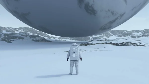 Astronaut Large Alien Silver Sphere Floating above Snowy Frozen Tundra 3d illustration render