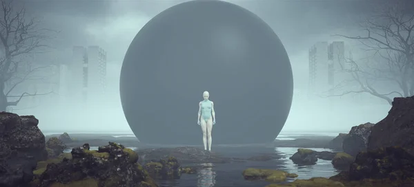 Futurista Mujer Fuerte Neutral Pie Pose Paisaje Extraterrestre Misteriosa Esfera —  Fotos de Stock