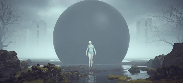Futurista Mujer Fuerte Agresivo Pie Pose Extraterrestre Paisaje Misteriosa Esfera —  Fotos de Stock