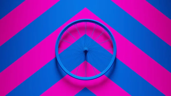 带有粉色蓝色雪佛龙背景的蓝色自行车轮3D插图渲染 — 图库照片