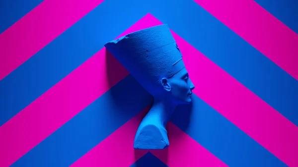 Busto Azul Nefertiti Con Rosa Fondo Azul Chevron Ilustración Renderizado — Foto de Stock