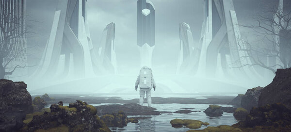 Astronaut Alien Landscape near a Foggy Abandoned Utopian Style Architecture in the Distance 3d illustration render