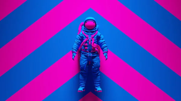 蓝色粉红太空人宇航员与粉色蓝色雪佛龙背景3D插图渲染 — 图库照片