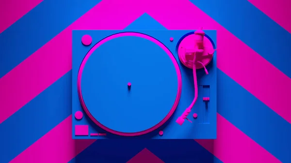 Mavi Pembe Turntable Post Punk Kayıt Oynatıcı Pembe Chevron Arkaplan — Stok fotoğraf