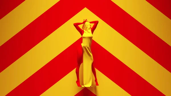 Femme Rouge Jaune Debout Les Bras Levés Dans Une Robe — Photo