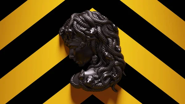 Black Medusa Mounted Bust Yellow Black Chevron Pattern Background Illurender — стокове фото