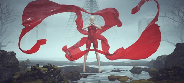 Tall Futuristic Sci Space Woman Red Body Suit Retro Glass —  Fotos de Stock