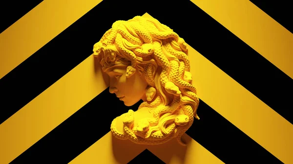 Busto Montado Medusa Amarela Com Amarelo Preto Chevron Padrão Fundo — Fotografia de Stock