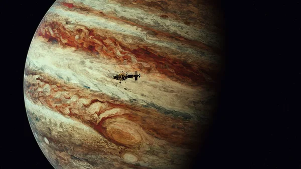 木星ガス巨大な宇宙船探査船木星の渦巻きの最大の惑星の目を周回探査高解像度画像3Dイラストレンダリング — ストック写真