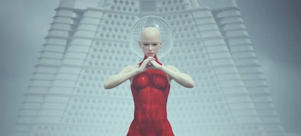 Tall Futuristic Sci Mujer Del Espacio Traje Cuerpo Rojo Con —  Fotos de Stock