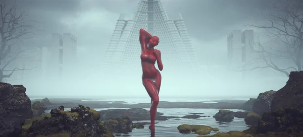 未来型Sf外国人ヴィラン赤い縮れ巻きスーツを着た宇宙人の目が光る風景謎のフォギー放棄されたブルタリスト建築3Dイラストレンダリング — ストック写真