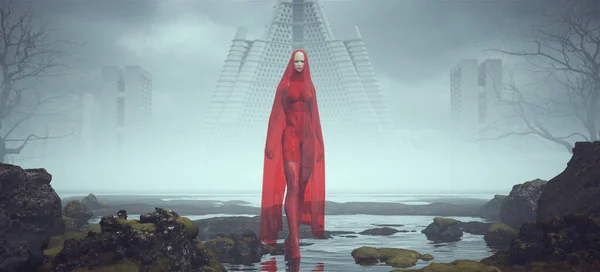 Tall Futuristic Sci Alien Super Hero Space Woman Red Alien — 스톡 사진