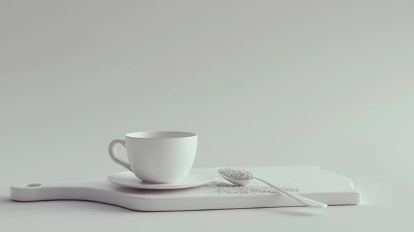 Beyaz Kahve Fincanı Çay Tabağı Şeker Kaşığı Kesim Tahtasında Resim — Stok fotoğraf