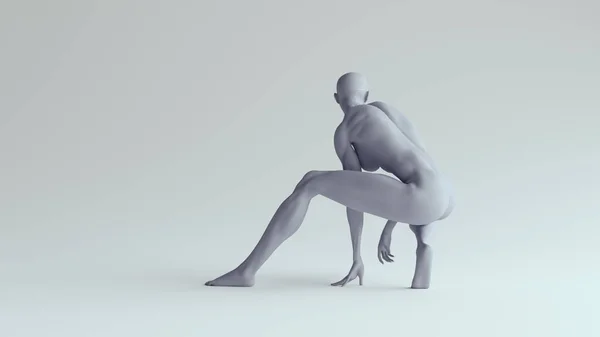 用粘稠的蓝色塑料3D图解渲染的高大肌肉女人蹲伏在凸出物上 — 图库照片