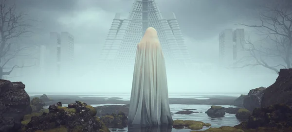 Futuristic Sci Evil Spirit Woman Looking Its Shoulder Alien Landscape — 스톡 사진