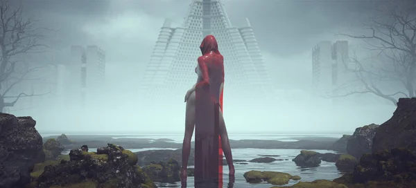 未来のSf外国人ヴィラン赤い長い目で輝く赤い長いドレスで宇宙の女風景謎の霧放棄されたブルタリスト建築3Dイラストレンダリング — ストック写真