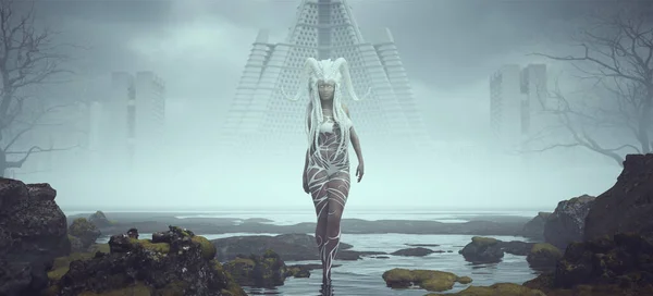 未来のSf外国人ヴィランスペースブードゥー教の魔女医者女がエイリアンの風景の中を歩く謎の霧放棄されたブルータリズム建築3Dイラストレンダリング — ストック写真