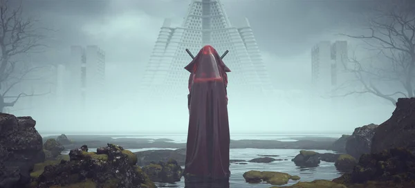 Futuristic Sci Alien Villain Space Assassin Woman Red Long Hooded — стоковое фото