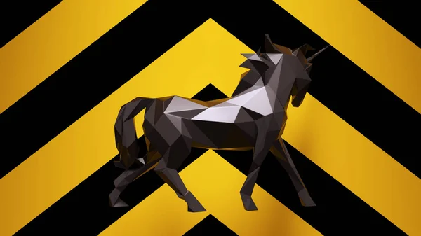 Czarny Jednorożec Koń Zrobiony Trójkątów Czarnym Żółty Chevron Wzór Tło — Zdjęcie stockowe