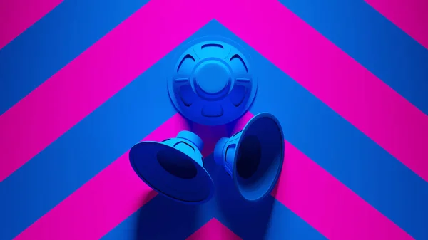 Blue Pink 3 Speaker cones Vintage Music Audio Equipment Media Post-Punk with Bright Pink an Blue Chevron Background 3d illustration render