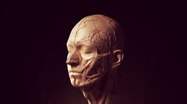 Human Ecorche Flayed Head Face Anatomical Musculature Display Halloween Sculpture Quarter View 3d illustration render clipart