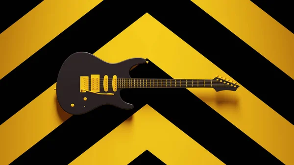 黄色黑电吉他弦乐复古声乐与黄色黑色雪佛龙图案背景图3D渲染 — 图库照片