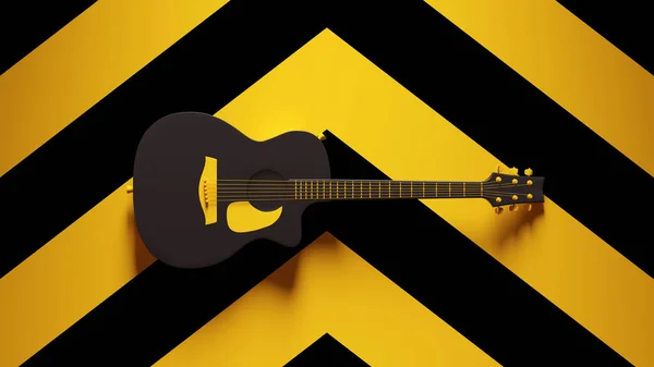 黄色黑色电声吉他弦乐复古声乐与黄色黑色雪佛龙图案背景图3D渲染 — 图库照片