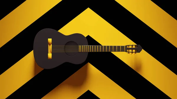 黄色黑色吉他声学弦乐复古声乐与黄色黑色雪佛龙图案背景图3D渲染 — 图库照片