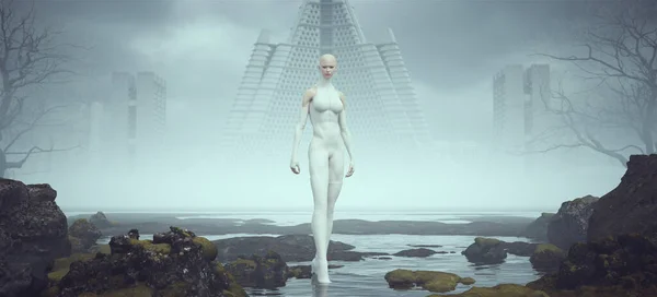 Ψηλός Φουτουριστικός Sci Alien Super Hero Space Γυναίκα Στο Λευκό — Φωτογραφία Αρχείου
