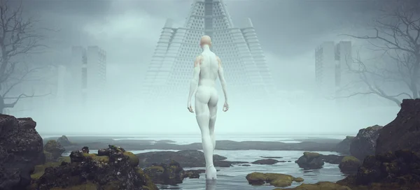 Tall Futuristic Sci Alien Super Hero Space Woman White Alien — ストック写真