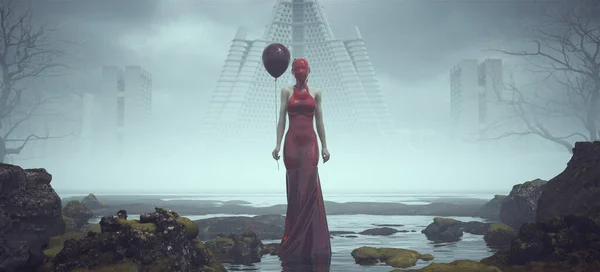 Futurista Sci Alien Villain Space Woman Red Shrink Wrap Dress — Fotografia de Stock